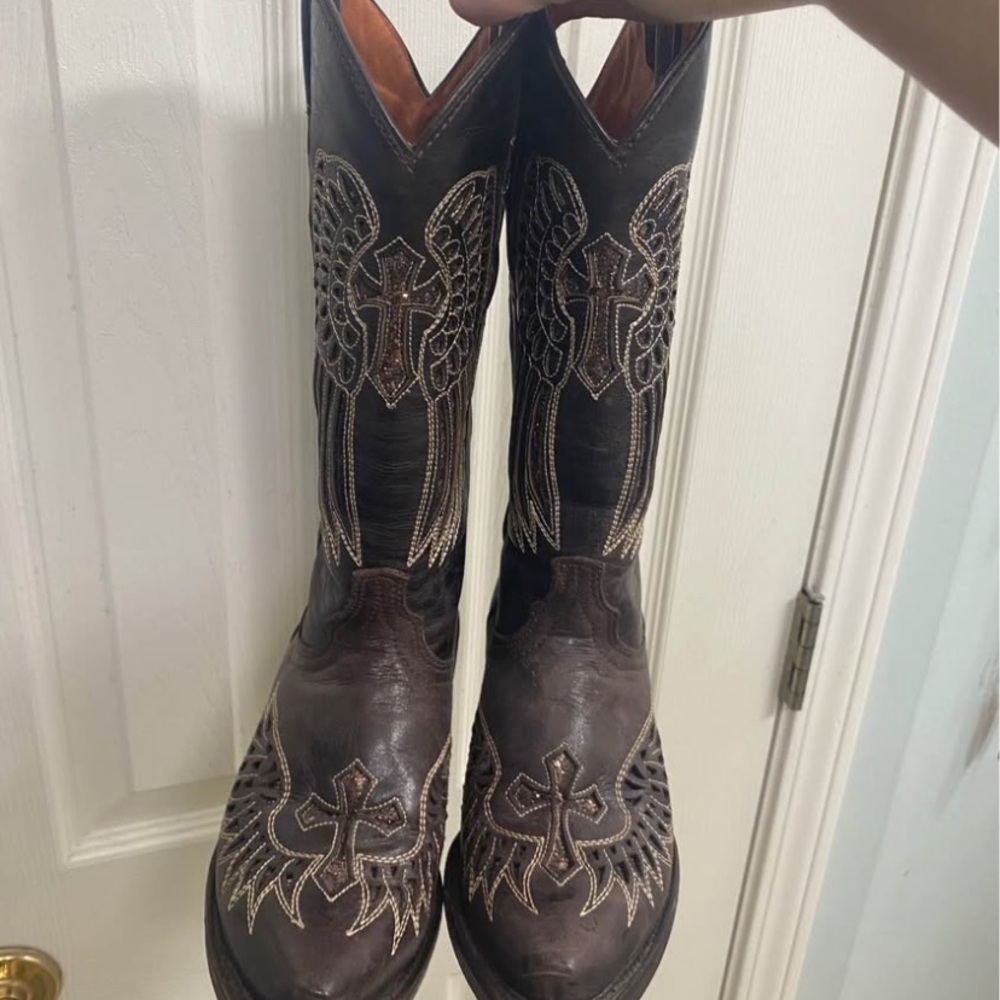 Brown Western cowgirl Boots by Innovation Boots with Embroidered Crosses